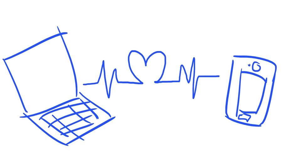 Symbol där en telefon och en dator kopplas ihop av ett ritat hjärta