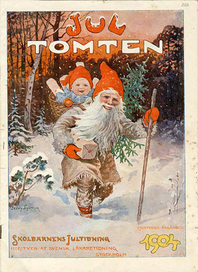 Tidningssida med illustration av en jultomte