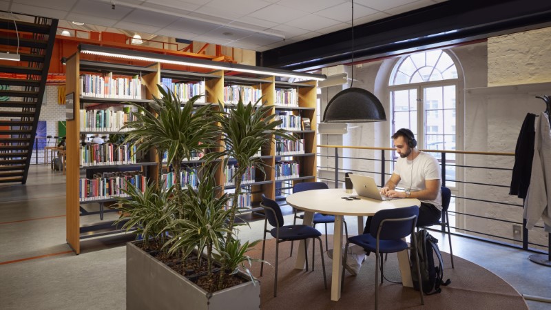 En person som sitter och studerar ensam vid ett runt bord i biblioteket. Bokhyllor och en kruka med palmer i avgränsar studieplatsen från omgivningen.