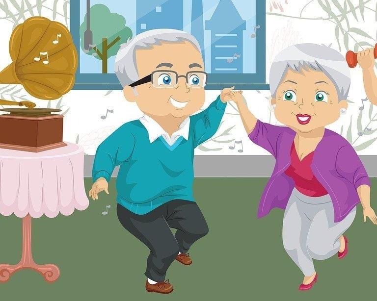 Tecknad bild av ett äldre par som dansar. 